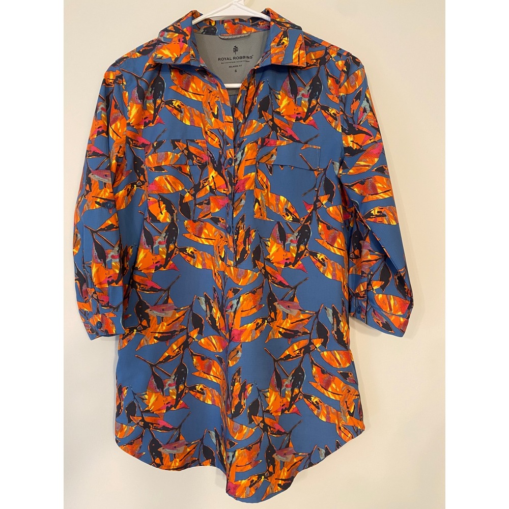 Royal Robbins Womens Blue Orange Print Ripstop 3/4 Sleeve Hiking Shirt Small